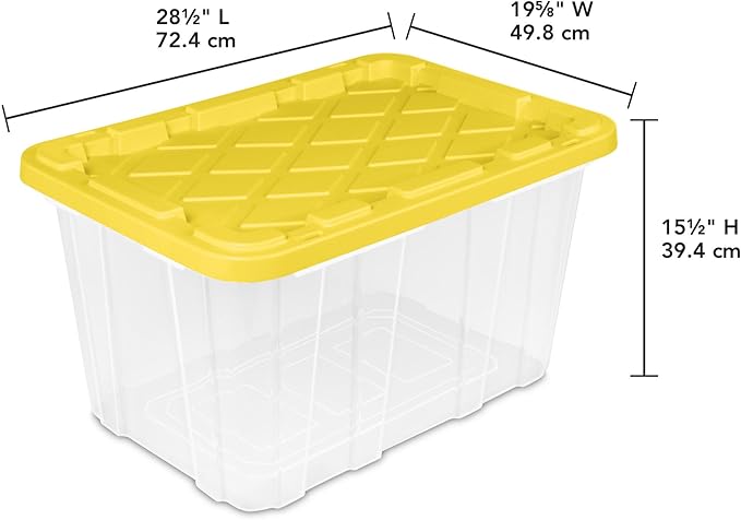 Sterilite 4 Tier Tote Rack Vertical Plastic Organizer with 4 Pack 27 Gallon Industrial Storage Totes Clear - for Garages Workshops or Basements