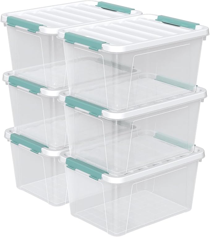 20 Quart Clear Storage Box Set of 6 Plastic Latching Bins with Lids