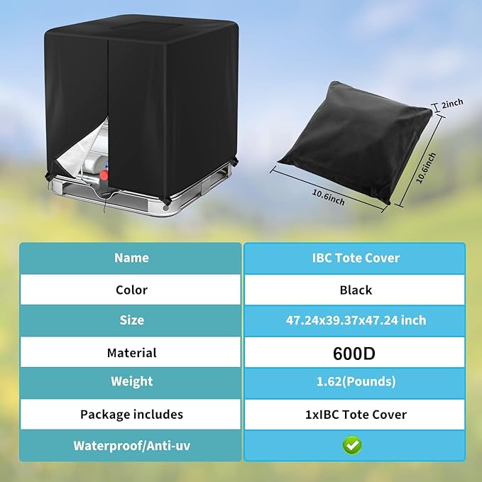 275 Gallon 600D IBC Tote Cover 1000L Zipper Outdoor Water Tank Protective Cover Black