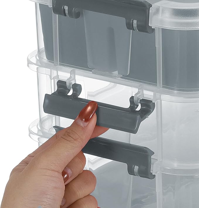 JUXYES 2 Pack 3-Tiers Stack Carry Storage Box With Divided Tray Transparent Stackable Storage Bin With Handle Lid Latching Storage Container for School &amp Office Supplies Dark Gray