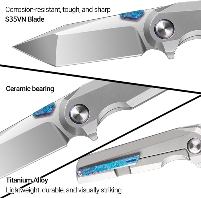 ioko Pocket Folding Knife with Titanium Alloy Handle S35VN Steel Blade Ice Crystal Anodized Finish 2.9 Inch Blade EDC Camping Hiking Outdoor (silver gray)