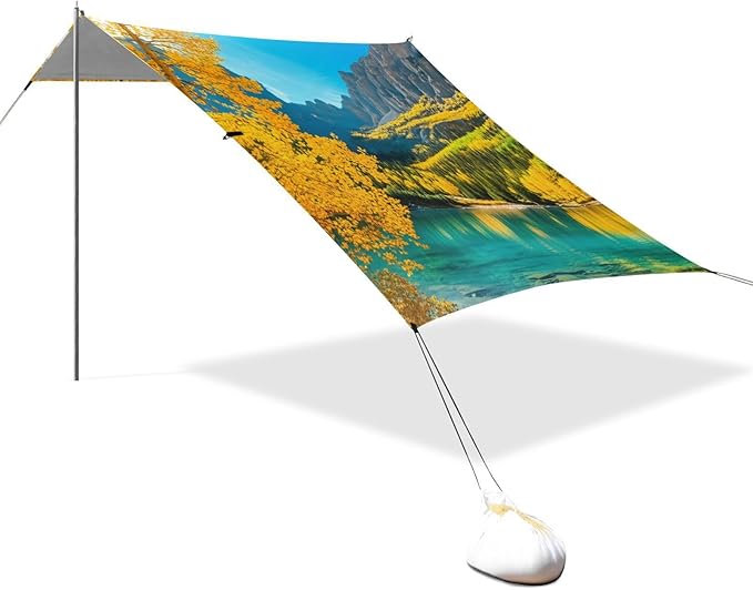 Beach Canopy with Windproof Ropes &amp Sandbags Beach Tent Sun Shade Sun Shelter for Camping Trips Fishing Backyard Fun or Picnics Autumn Landscape