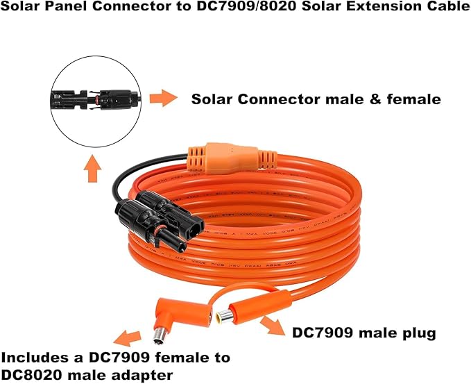 Solar Connector to DC 8mm Adapter Cable 35FT 12AWG + 14AWG Tinned Copper Wire with DC7909 to DC8020 Adapter Heavy Duty Charging Cable for Portable Power Station RV Outdoor Camping