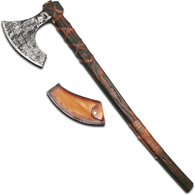 Qepaa Crafts® Handmade Viking Axe – 38 Two-Handed Bearded Norse Axe with Sheath – Forged Steel Berserker Hatchet for Throwing Chopping Camping Gifting(THA)