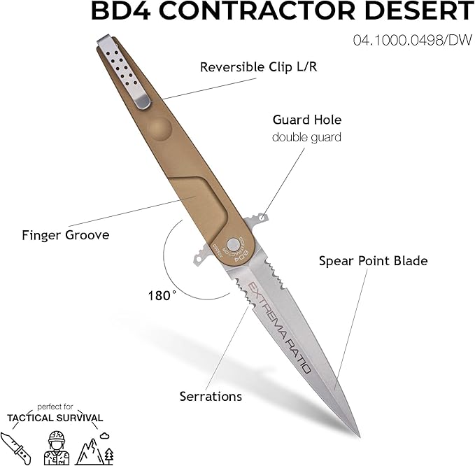 Extrema Ratio - BD4 Contractor (Desert) Folding Knife Bhler N690 Steel Blade Stone Washed Finish Smooth Aluminum Handle Ergonomic Design Reversible Clip