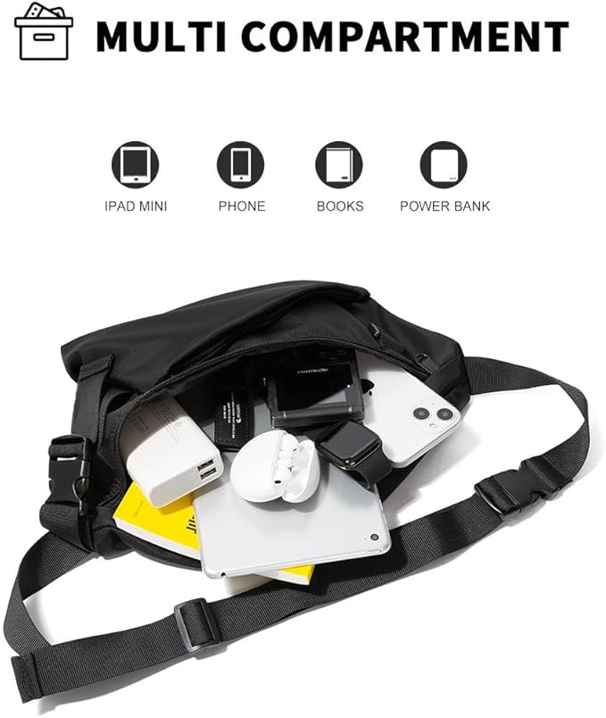 Large Waist Bag Fanny Pack for Men Hip Bum Chest Bag Water Proof Hikking outdoor day Purse (Black Nylon)