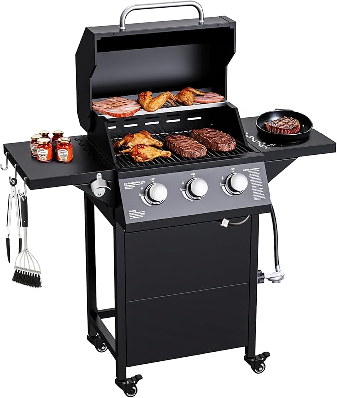 3-Burner Propane Gas Grill 30000 BTU Outdoor BBQ Gas Grill with 2 Side Tables Stainless Steel Grating Grill Built-in Thermometer&ampWheels Easy Assembly for Patio Backyard BBQ
