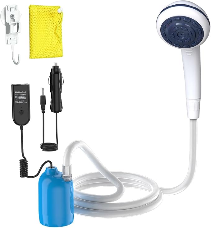 Portable 12V High Pressure Camp Shower Pump Compatible with Car Lighter Plug&ampPD fast charging portable power banks by USB-COutdoor Shower for CampingRV (Blue-12V Car Lighter Plug)