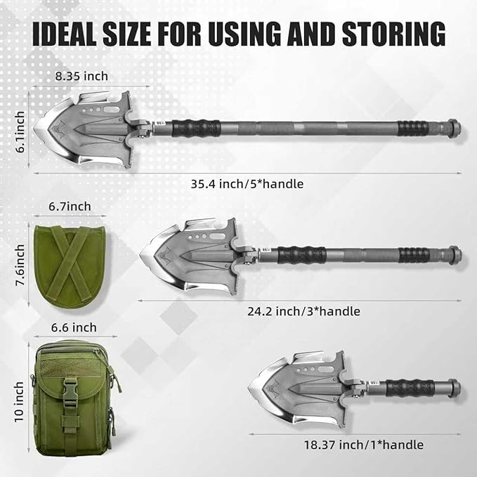 Zune Lotoo Survival Shovel Multitool 28 in 1 Luxury Kit Tactical Camping Folding Shovel Unbreakable Martensitic Steel Adjustable 7 Angles 24-35.4'' Length Compact Gear for Outdoor Hiking Emergency