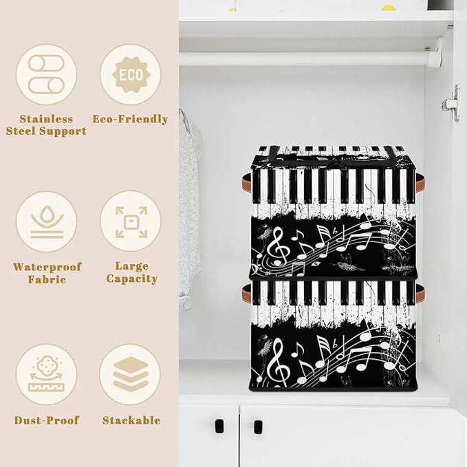 Music Note Ballet Storage Bins with Zipper Lid Collapsible Fabric Storage Basket with Leather Handles Closet Shelf Cloth Organizer Basket for Nursery Bedroom Clothes Toy