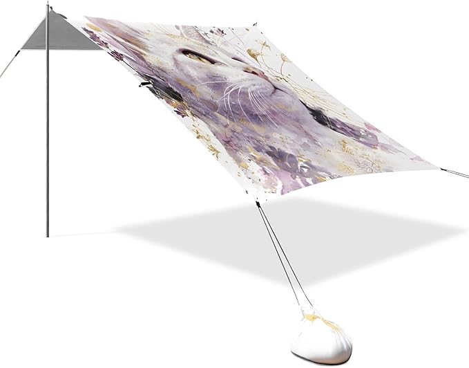 ALAZA Purple Flowers White Cat Beach Tent Sun Shelter Portable Canopy Sunshade for Outdoor Camping Picnics Backyard Fun 10x9 ft