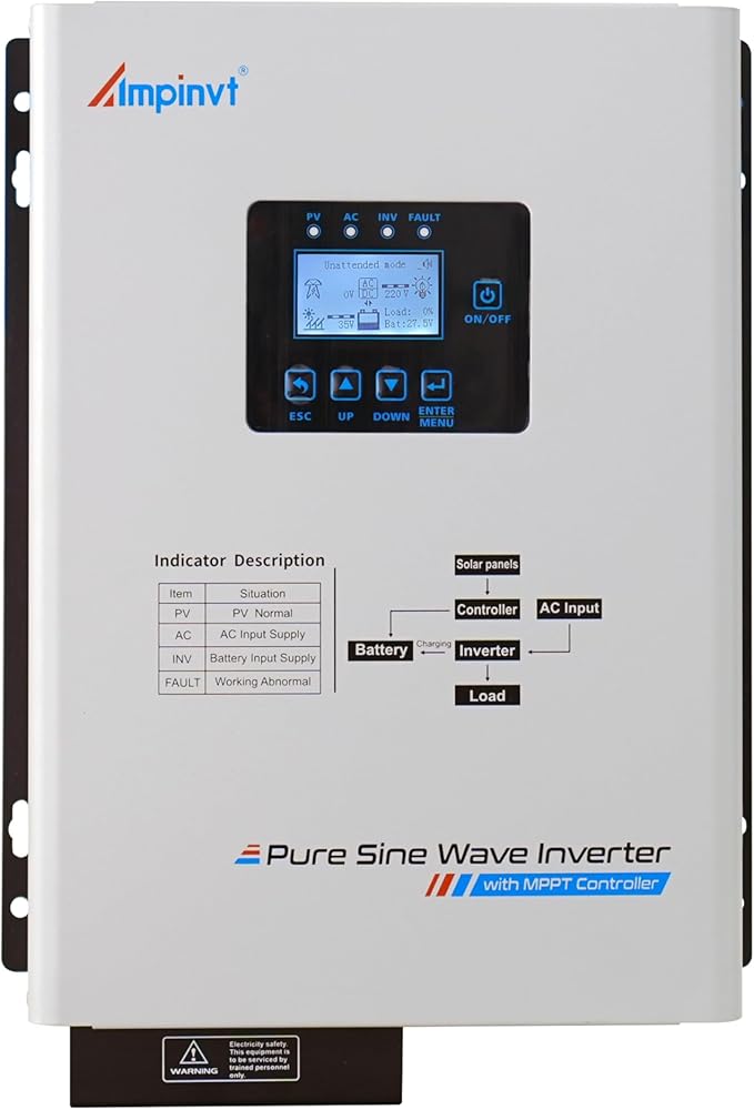 Ampinvt 1000W Low Frequency Pure sine Wave Solar Inverter 12V DC to 120V AC with 30A MPPT Solar Controller &amp 15A Battery AC Charger Compatible with Lifepo4 Battery for Home BackupOff-Grid Livin