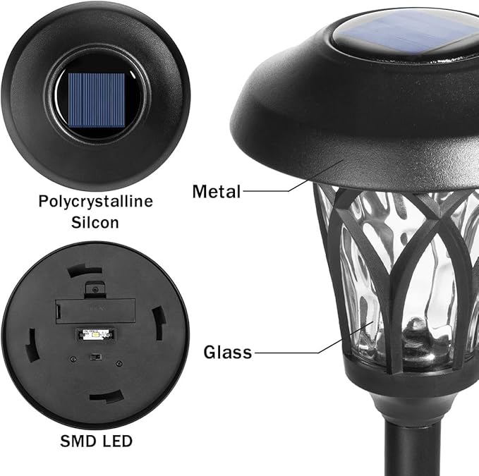 GIGALUMI 6 Pack Solar Pathway Lights Outdoor Metal Glass &amp ABS Solar Landscape Lights Waterproof IP65 Warm White Solar Powered Garden Lights for Yard Patio Walkway Driveway (Black)