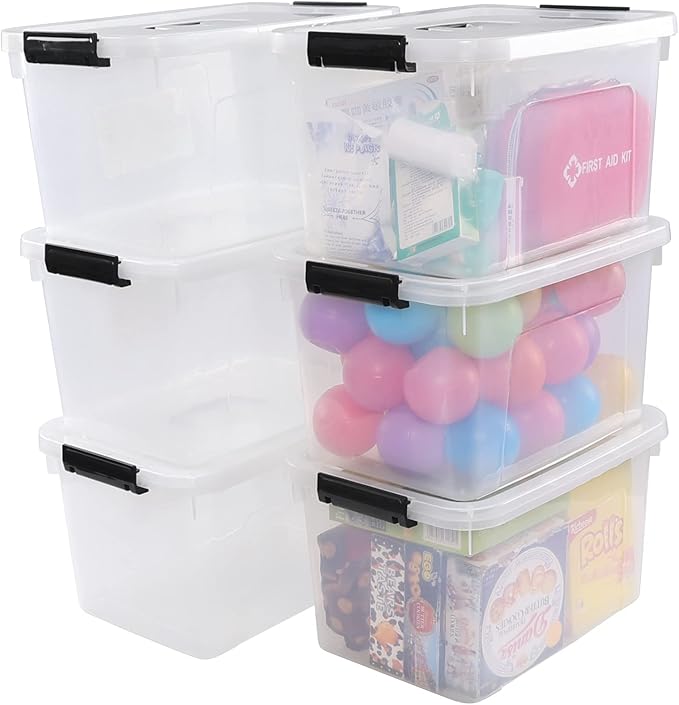 12 Quart Plastic Storage Bin with Lid Clear Latch Box 6 Packs