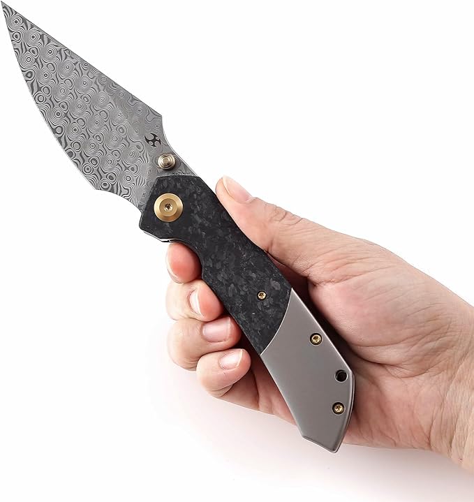 KANSEPT Fenrir Pocket Knife 3.48 Damascus Harpoon Blade Plain Titanium Handle Shred Carbon Fiber Inlay Thumb Stud &amp Liner Lock with Deep Clip EDC Knives for Camping Hunting Survival K1034B1