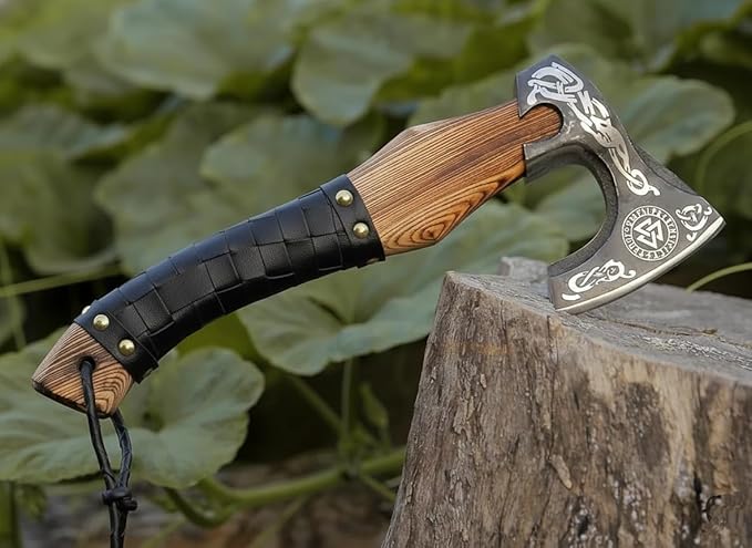 Viking Axe Ashwood Handle Handmade Carbon Steel Blade Outdoor Camping Hunting Norse Hatchets Axes with Black Leather Wrapped Handle &amp Leather Sheath Wood Splitting Axes