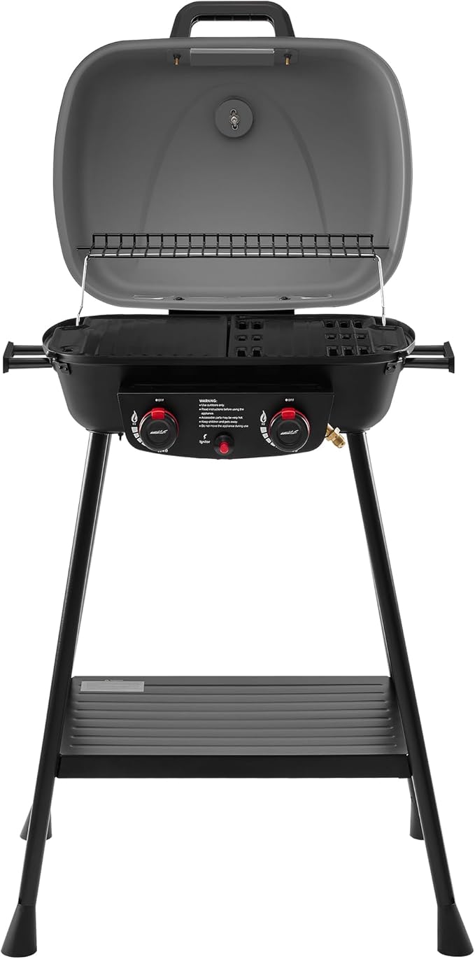 Royal Gourmet GT2003 Portable 2 Burner Propane Gas Grill with Stand and Warming Rack 2-in-1 Grill Griddle Combo with 17000 BTUs Output forCamping Tailgating Backyard Gray