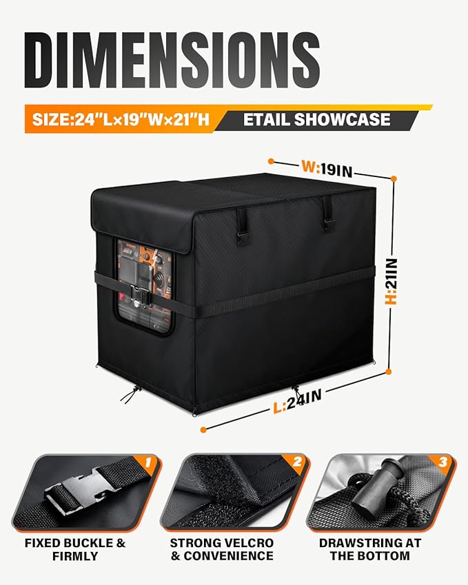 Inverter Generator Cover. 600D+210D Heavy Duty Waterproof. 24’’L×19’’W×21’’H for Universal Most Inverter Generators. Fuel can be Added to the Top. Black