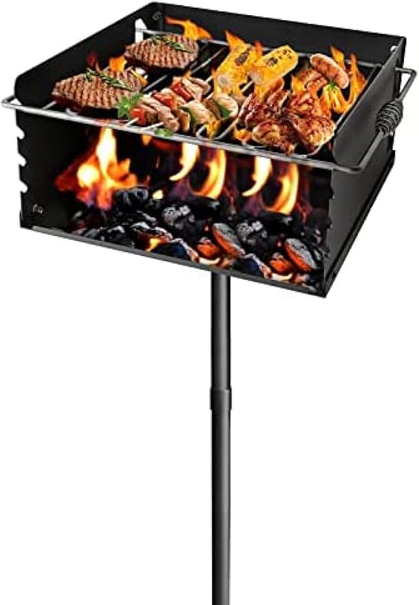 Park Style Charcoal Grill With Grate Single Post Carbon Steel 50 Inch Height Pole Heavy Duty Outdoor Park Grill For BBQ Camping Backyard16x16 Inch