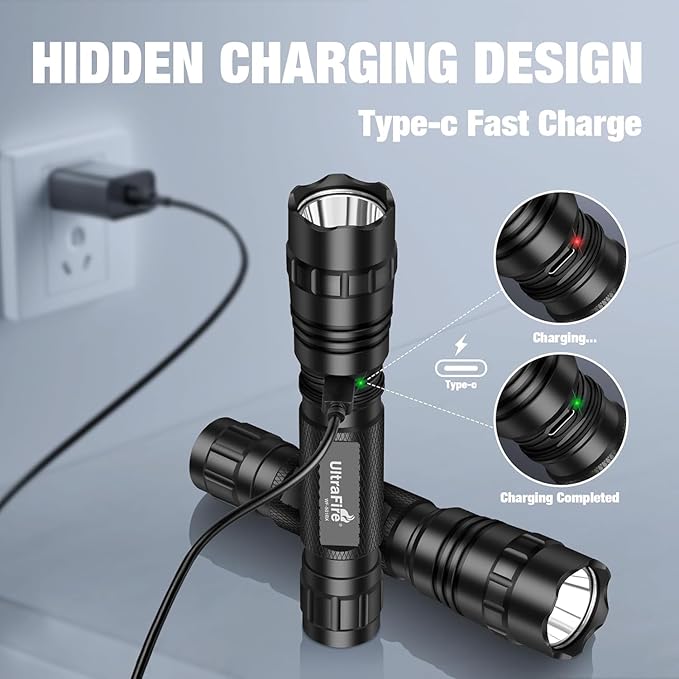 ULTRAFIRE Tactical Flashlight with Holster for Duty Belt 1000 High Lumen Police Flashlight with Belt Holster Rechargeable Law Enforcement Flashlight 3 Modes Security Flashlights WF-501BX