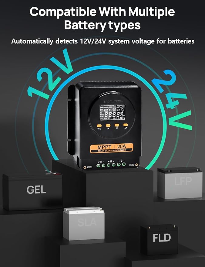 ECO-WORTHY MPPT Solar Charge Controller 12V/24V 20ABluetooth &amp APP MonitoringLCD Display Solar Panel Regulator for GelSLAFLDLFP Battery in Solar SystemRV