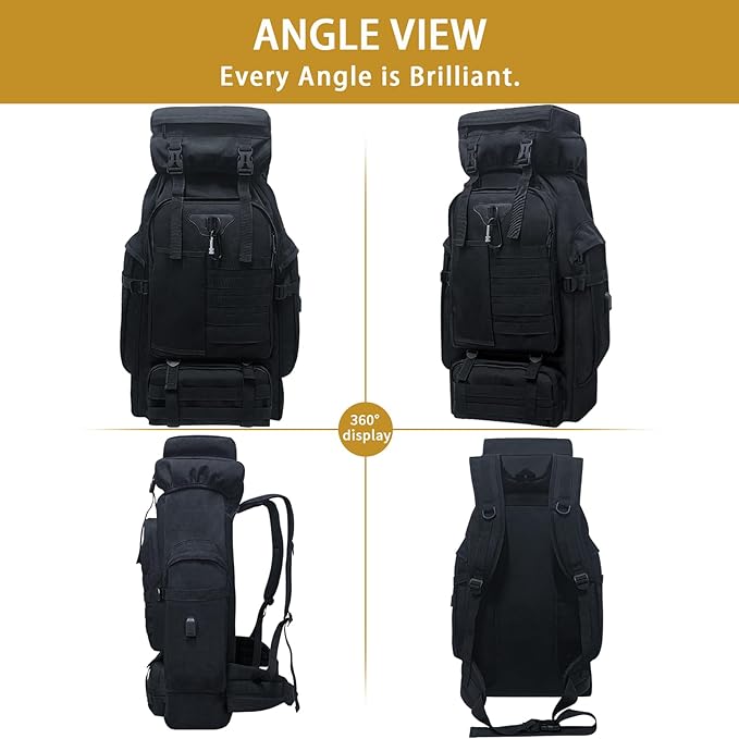 80L Camping Hiking Backpack Large Military Tactical Backpack with USB Charging Port Waterproof Travel Daypack With Carabiner Outdoor MOLLE Rucksack for Men Women (Black)