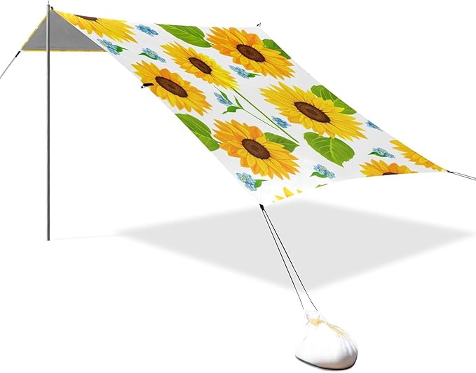 Beach Canopy with Windproof Ropes &amp Sandbags Beach Tent Sun Shade Sun Shelter for Camping Trips Fishing Backyard Fun or Picnics Sunflowers