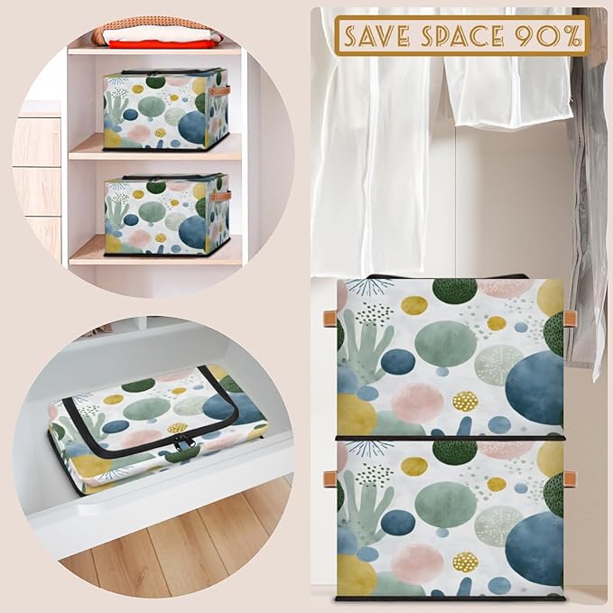Boho Cacti Storage Bins with Lids Tropical Plant Collapsible Cube Storage Basket with Leather Handle Foldable Storage Box with Lids for Organizing Home Closet
