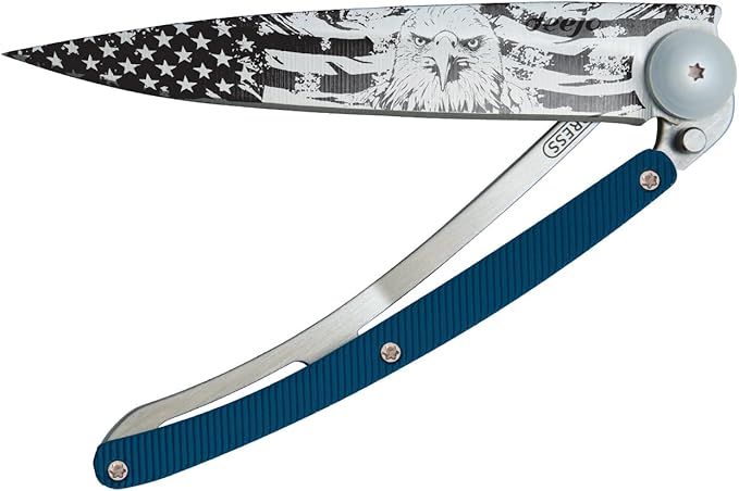 deejo - 37G Folding Pocket Knife with Belt Clip - American Bald Eagle Design 3.7-Inch Stainless Steel Blade Blue Aluminum Handle - Lightweight Everyday Carry for Home Work and Outdoor Use