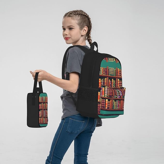 3pcs Backpack Sets Library Bookshelf Printed Backpacks Set With Lunch Bag Pencil Pouch