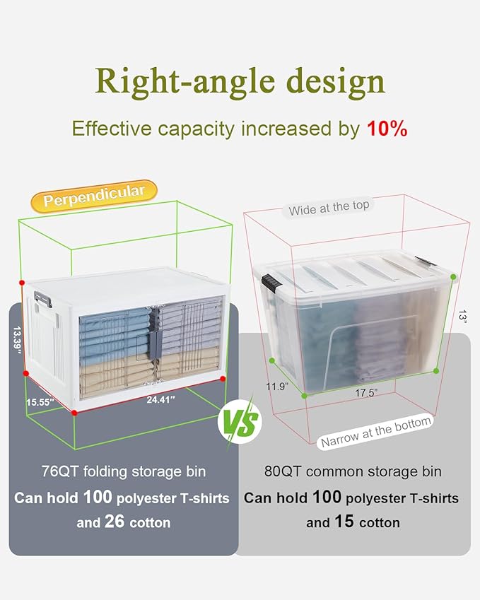 OlarHike 76QT Lockable Storage Bins with Lids - Folding Storage Box with Doors and Wheels Collapsible Plastic Storage Bins for Closets Office Stackable Organizer Containers 4 Pack Cubes