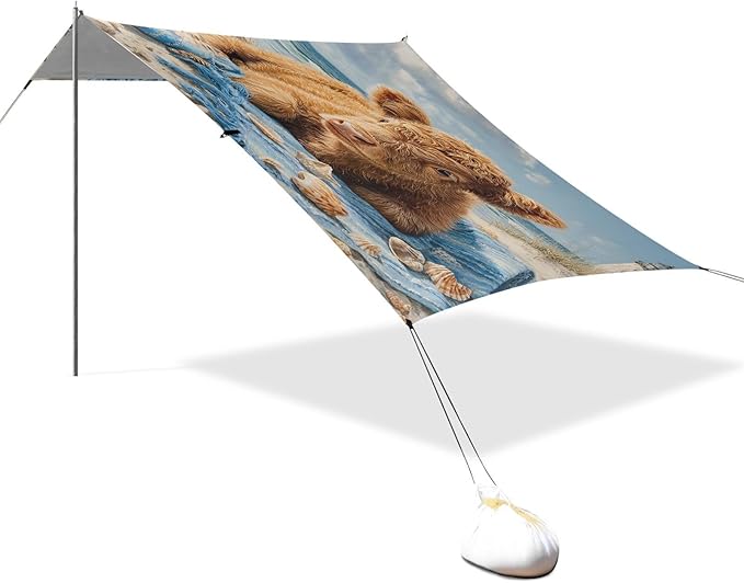 ALAZA Highland Cow Beach Beach Tent Sun Shelter UPF50+ Protection Beach Shade Canopy w/ 4 Sandbags for Outdoor Camping Fishing Backyard Fun Picnic 10x9 ft