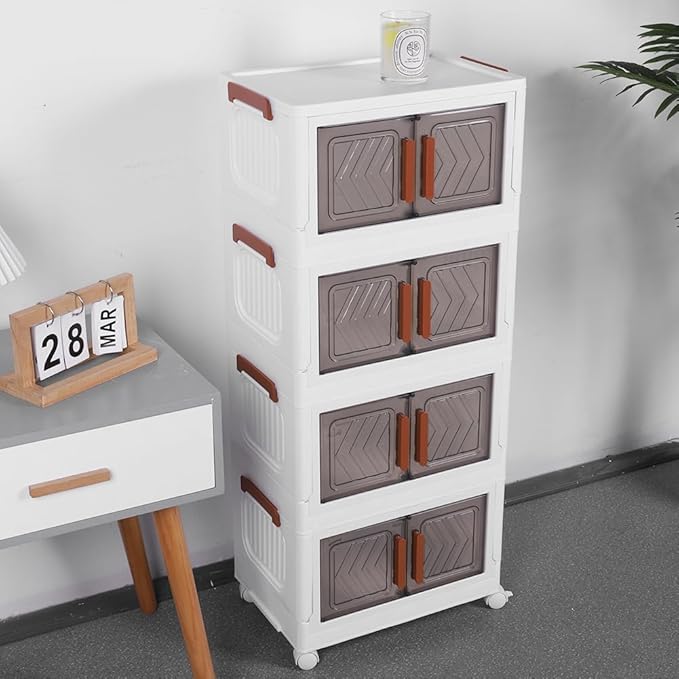 ETOYA 4-Tier Stackable Storage Bins with Lids &amp Wheels - 14.96x10.24x35.43 Collapsible Organizer Foldable Container Plastic Storage Containers for Living Room Office Dorm Organization