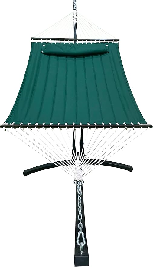 15 Ft. Indoor/Outdoor Heavy Duty Black Steel Arc Hammock Stand &amp Premium Quilted Hammock Bed w/Pillow.(Elegant Green)