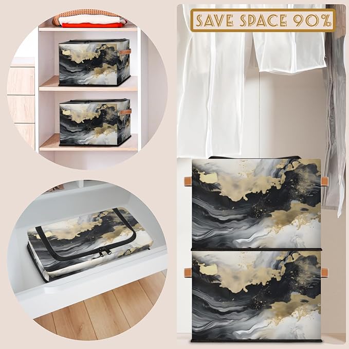 Marble Storage Bins with Zipper Lid Abstract Fabric Lidded Storage Baskets Cubes with Handles Decorative Foldable Shelf Closet Organizer Container