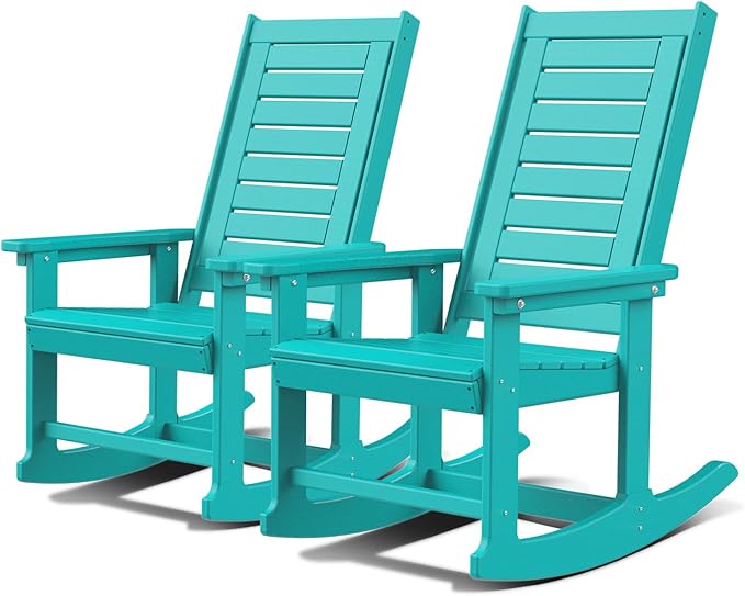 GREENVINES Outdoor Rocking Chairs | Set of 2 | Porch Rocker | HDPE Plastic | Aqua | Oversized Rockers | High Back | Big &amp Tall | Ladder Back | for Patio Outside Backyard Balcony Garden