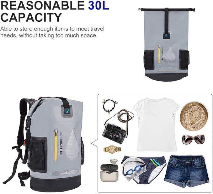 XhuangTech 30L Waterproof Drybag Water Sports Floating Backpack Durable Heavy Duty Duffel Bag for Kayaking Rafting Boating FishingCamping (Gray 30L)