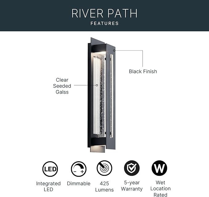 Kichler River Path 23 LED Outdoor Wall Light in Textured Black 1-Light Contemporary Exterior Wall Sconce with Clear Seeded Glass 3000K (23 H x 5.5 W) 49946BKTLED