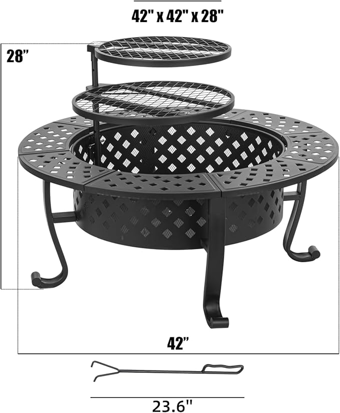 Panovue 42 Inch Fire Pit with 2 BBQ Grills Wood Burning Fire Pits for Outside with Lid &amp Fire Poker BBQ&amp Outdoor Firepit &amp Round Metal Table 3 in 1 for Patio Picnic Party