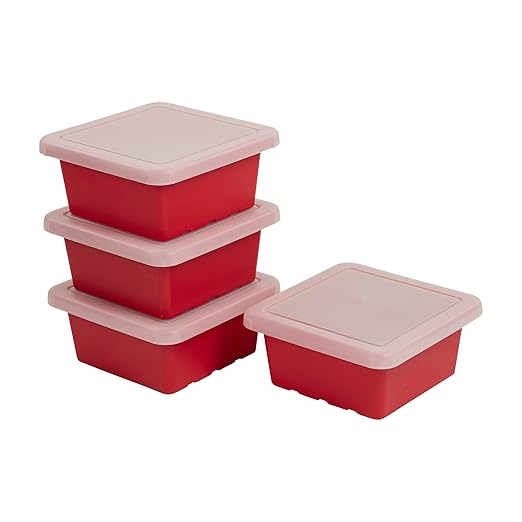 ECR4Kids Stackable Square Bins with Non-Snap Lids Multipurpose Organization Red 4-Pack