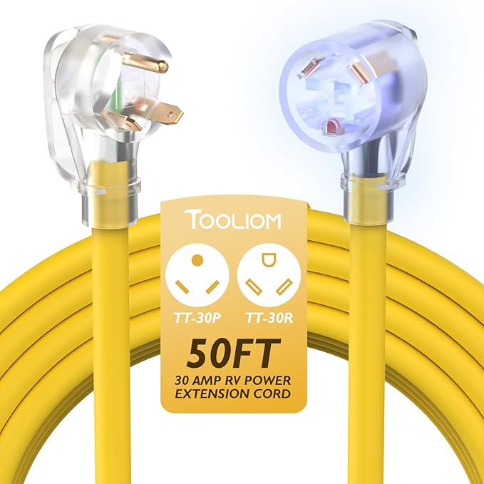 TOOLIOM 30 Amp Generator Extension Cord NEMA TT-30P/TT-30R RV Extension Cord 125V 3750W 10/3 AWG STW Generator Cord with LED Indicator Grip Handle for Generator RV Trailer Campers UL Listed (50FT)