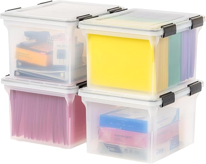 IRIS USA File Box WeatherPro File Organizer Plastic File Box for Letter/Legal File Water Resistant Document Box Durable Lid Seal w/Secure Latching Buckles Stackable Nestable Clear 32 Qt. 4Pack