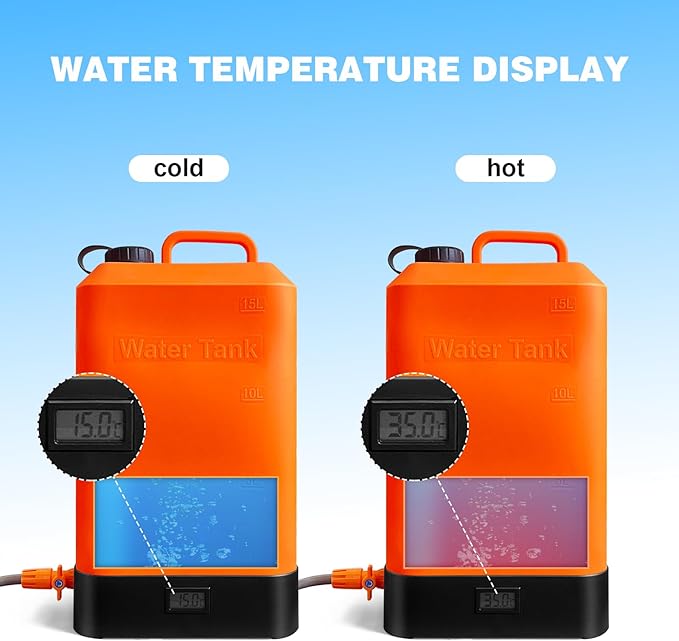 B. TAWD 4.5 Gallon Silicone Water Tank Portable Camping Shower USB Battery Charging Solar Heating with Shower Head Electric Portable Outdoor Shower Built-in Thermometer Beach Camping Hiking