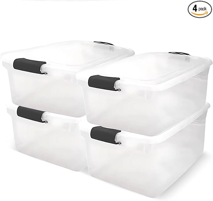 HOMZ 4-Pack Secure Latch Clear Plastic Storage Organizer Bins 66 Quart Gray Latches - Stackable Container Boxes for Bedroom Bathroom Garage and Office Organization
