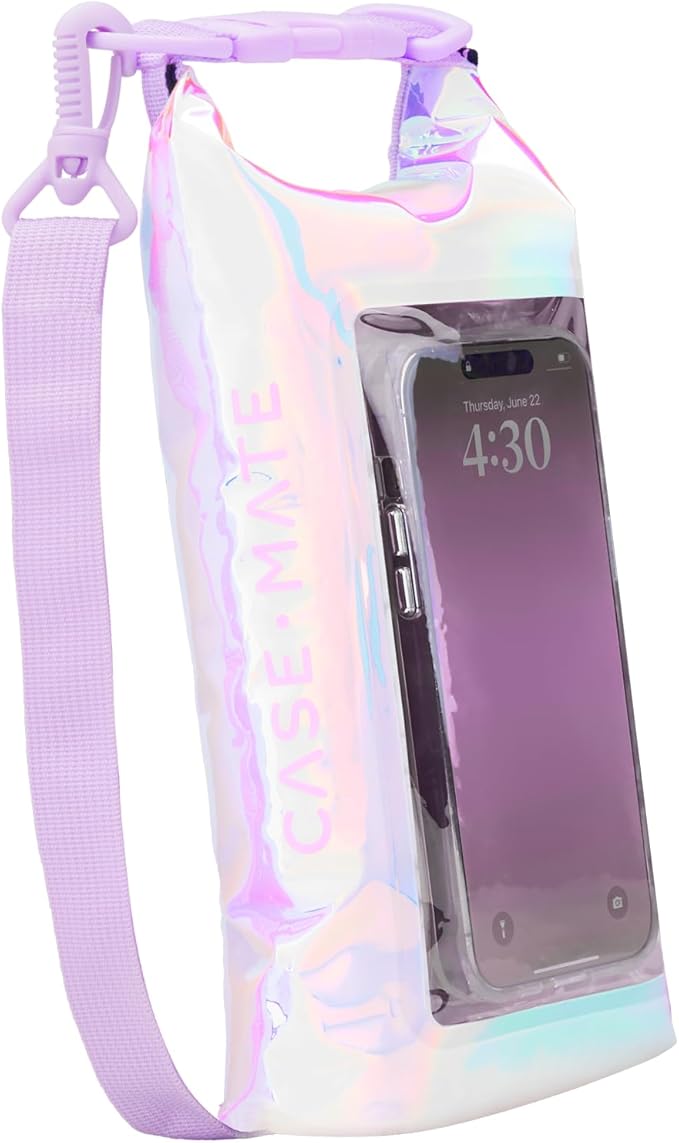 Case-Mate Soap Bubble Mini IP68 Waterproof Bucket Bag - Roll Top Dry Bag 2L Cap with Waterproof Pouch for Swimming Kayaking Boating Travel and More - for Phones Up to 7 - Iridescent