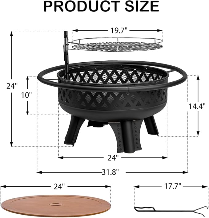 Panovue 32 Inch Outdoor Fire Pit with Grill Wood Burning Firepit for Outside with Lid/Fire Poker Metal Round Fire Pit Table for Patio Backyard Garden Bonfire Party