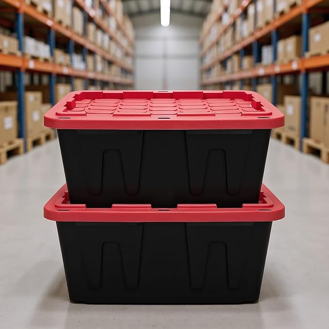 27 Gallon Heavy-Duty Storage Totes with Secure Snap Lids 2-Pack Stackable Plastic Bins for Garage Basement Attic Organization - Black Base &amp Red Lid Lockable Design for Indoor/Outdoor Use (2 P