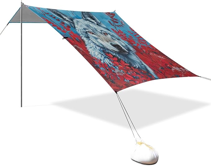 ALAZA Wolf Flower Red Leaf Beach Tent Sun Shelter UPF50+ Protection Beach Shade Canopy w/ 4 Sandbags for Outdoor Camping Fishing Backyard Fun Picnic 10x9 ft