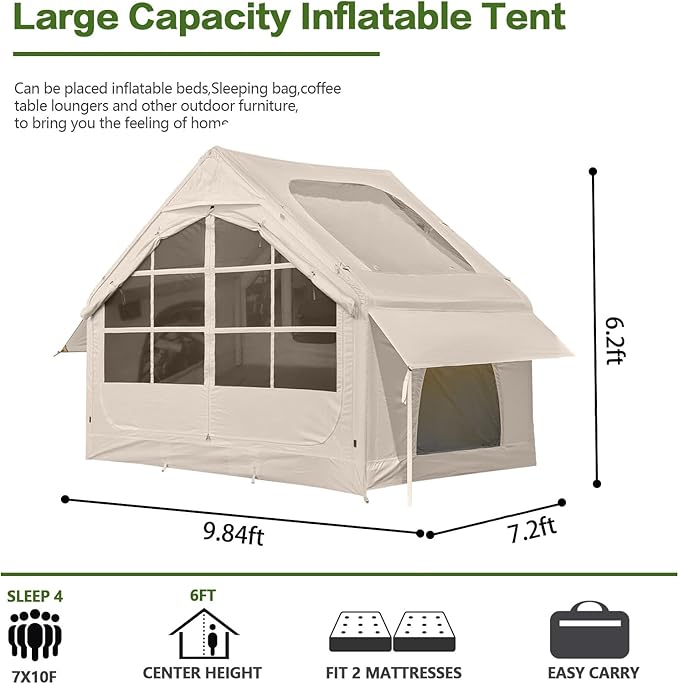Inflatable Camping Tent2/4/6/8 Person Glamping Inflatable Tents with Awning Quick Setup Blow Up Tents with Pump Waterproof Oxford Inflatable House for Camping Air Glamping Hot Tents for Adult