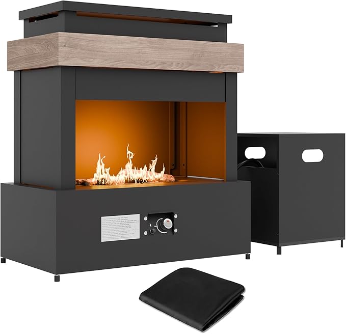 35’’ Smokeless Outdoor Propane Fireplace with Tank Storage CSA Certified 50000 BTU Patio Fire Pit with Cover for Garden Backyard Patio Black/Beige
